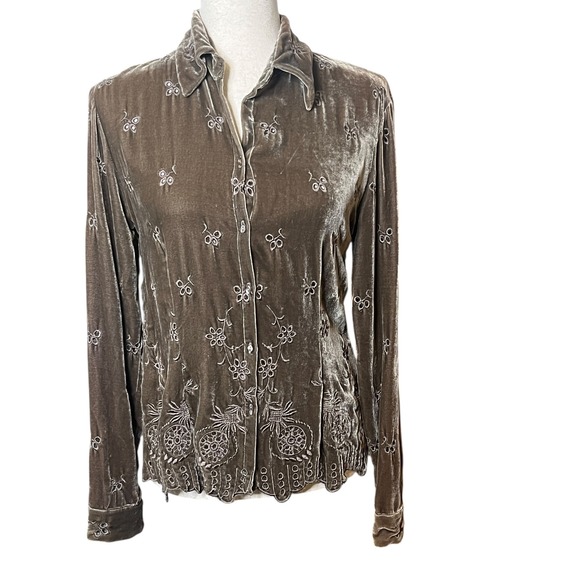 Vintage ECI Brown Velvet Floral Embroidered Eyelet Shirt Whimsigoth Fits Small - Picture 15 of 16